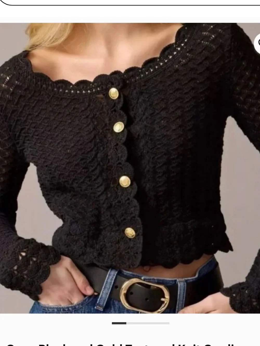 J. Crew Black Crocheted Scallop-Trim Cardigan with Gold Button (M)